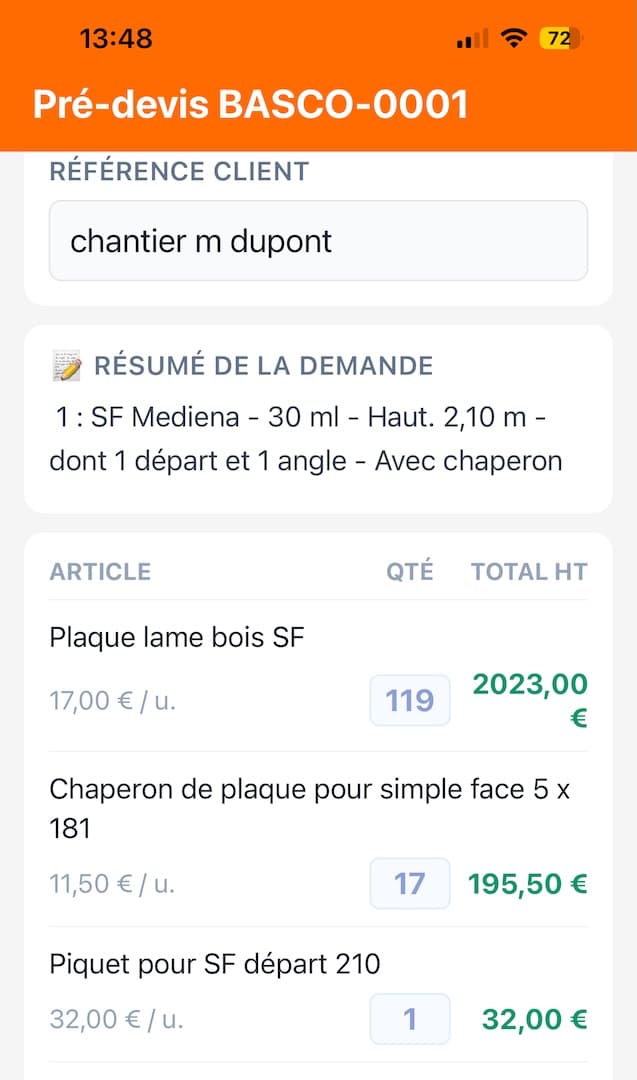 Pré-devis - partie haute avec quantités